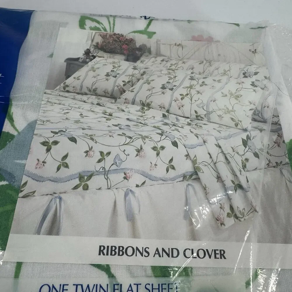Vtg Danville Twin Flat Sheet “Ribbons & Clover” NOS Pink Rose FLORAL White Blue
